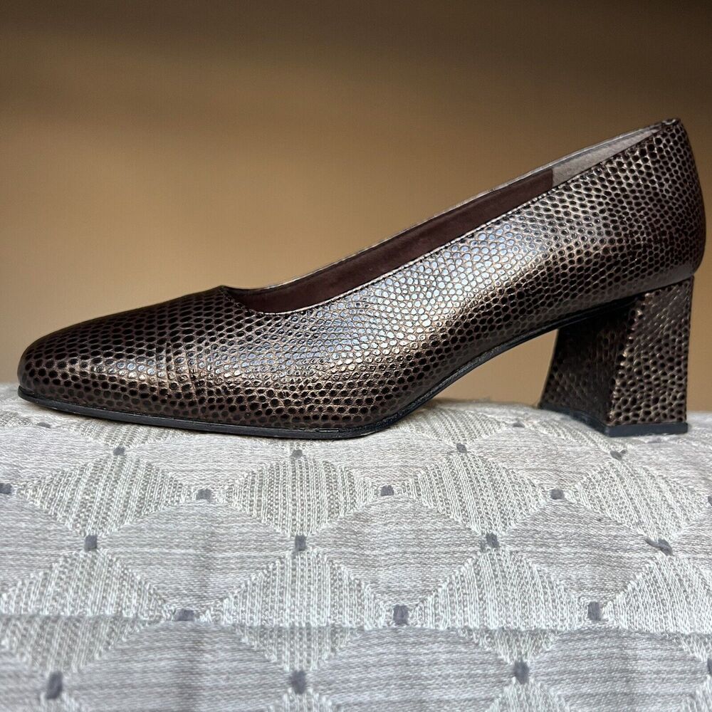 Stuart Weitzman Marymid Snakeskin Print Brown Leather Block Heel‎ Pump Women 6 M